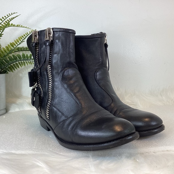 GIUSEPPE ZANOTTI BLACK LEATHER MOTO COMBAT BOOTS ZIPPERS STRAPS EUR 38 US 8 - Picture 3 of 14